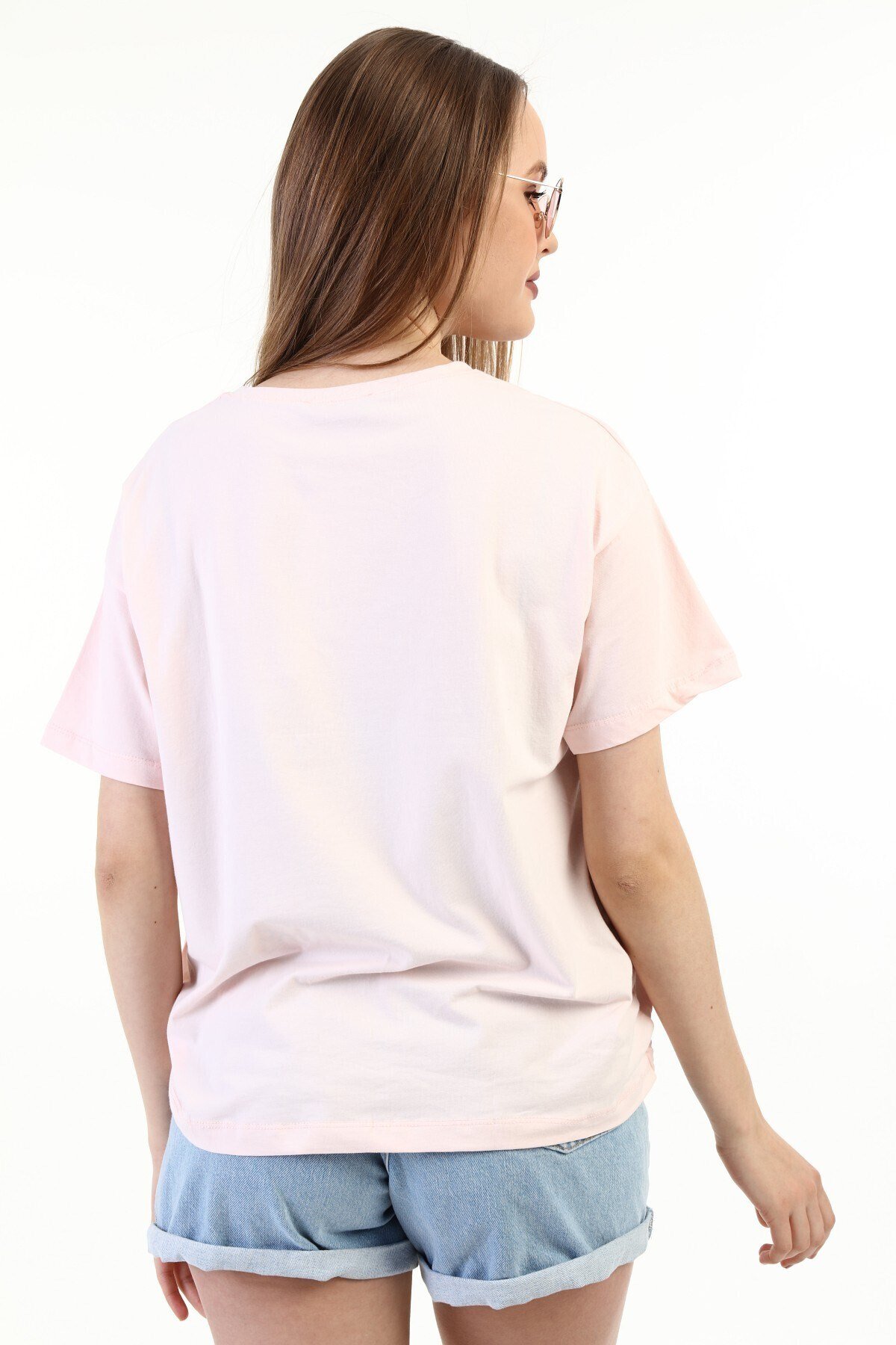 Kadın Taşlı Baskılı Pudra T-shirt 20010
