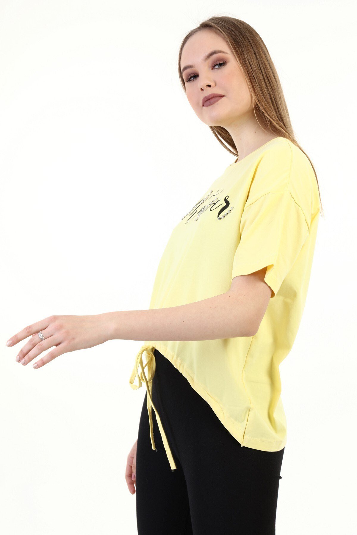 Kadın Taşlı Baskılı Sarı T-shirt 20010