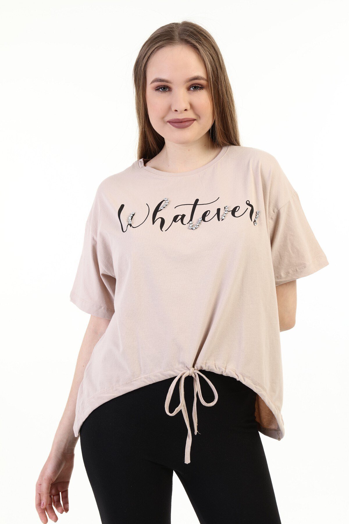 Kadın Taşlı Baskılı Vizon T-shirt 20010