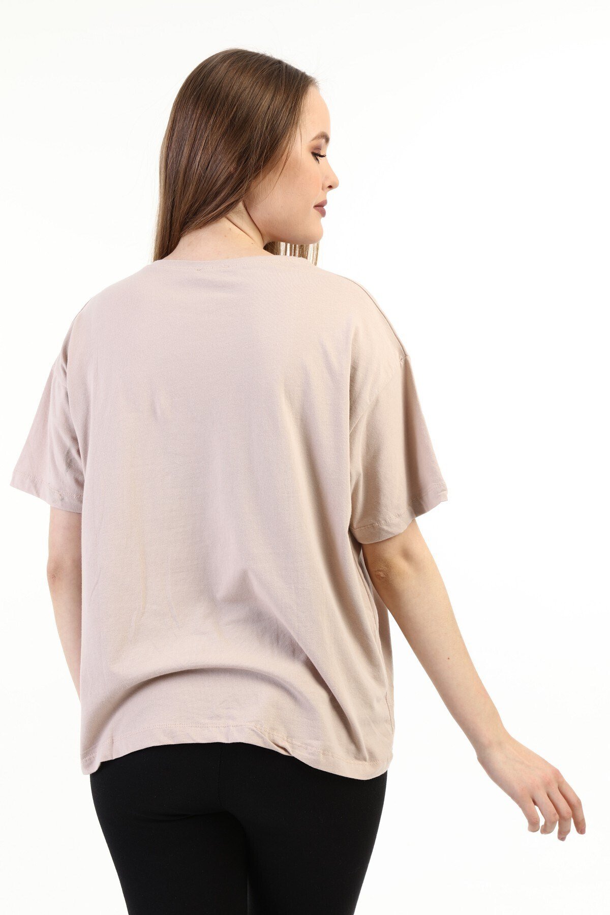 Kadın Taşlı Baskılı Vizon T-shirt 20010