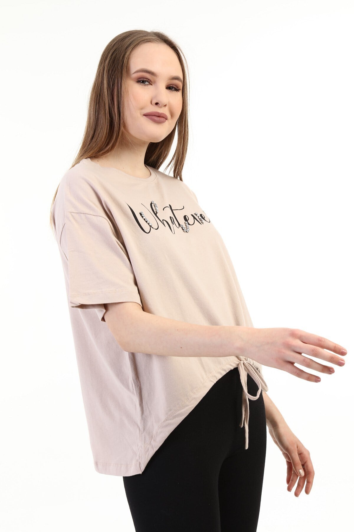 Kadın Taşlı Baskılı Vizon T-shirt 20010