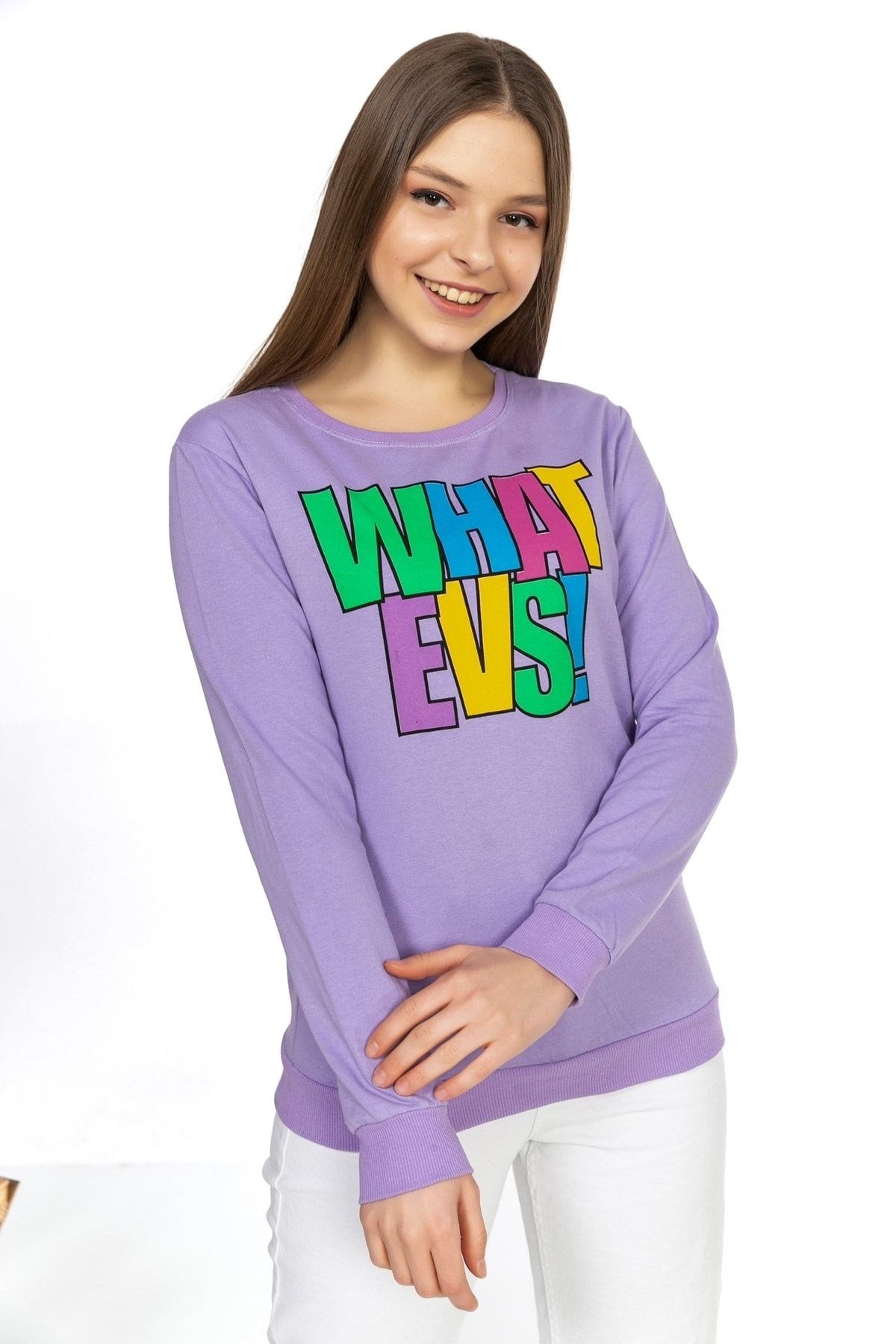 Kadın What Evs Baskılı Sweatshirt 5406 Lila