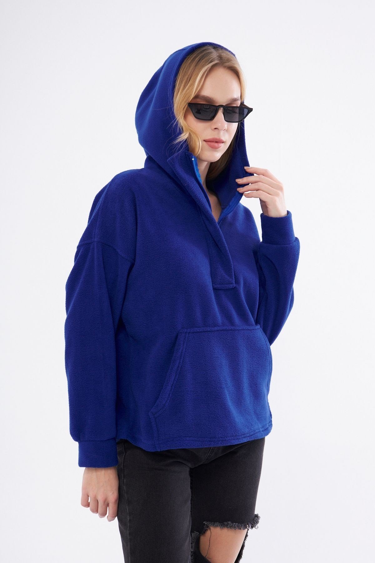 Kadin Yakasi Fermuarli Kapüşonlu Oversi?ze Polar Kumaş Sweatshirt 23587-sax