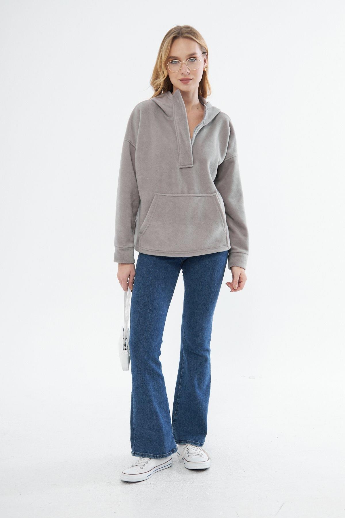 Kadin Yakasi Fermuarli Kapüşonlu Oversi?ze Polar Kumaş Sweatshirt 23587-gri?