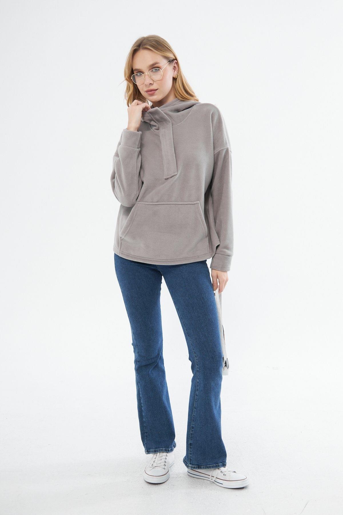 Kadin Yakasi Fermuarli Kapüşonlu Oversi?ze Polar Kumaş Sweatshirt 23587-gri?