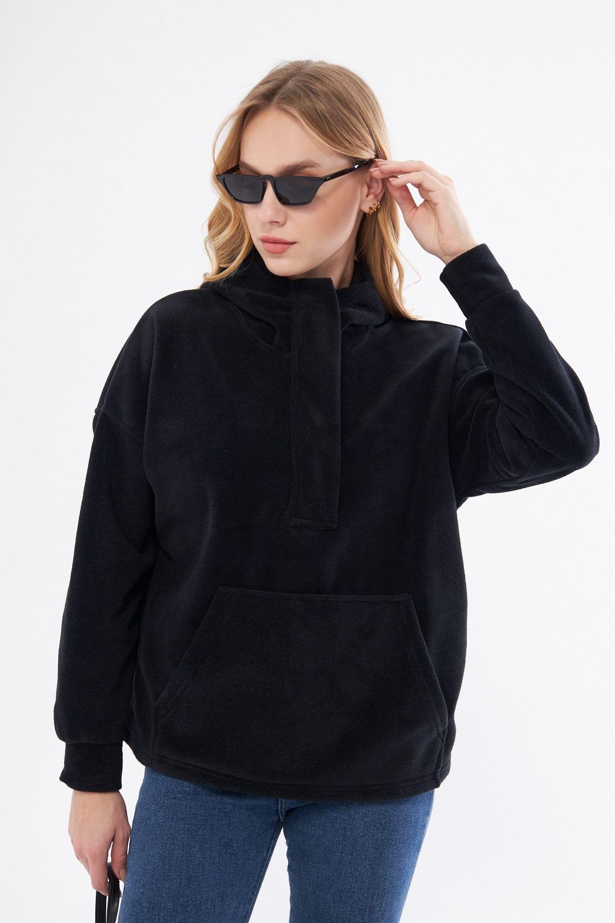 Kadin Yakasi Fermuarli Kapüşonlu Oversi?ze Polar Kumaş Sweatshirt 23587-si?yah