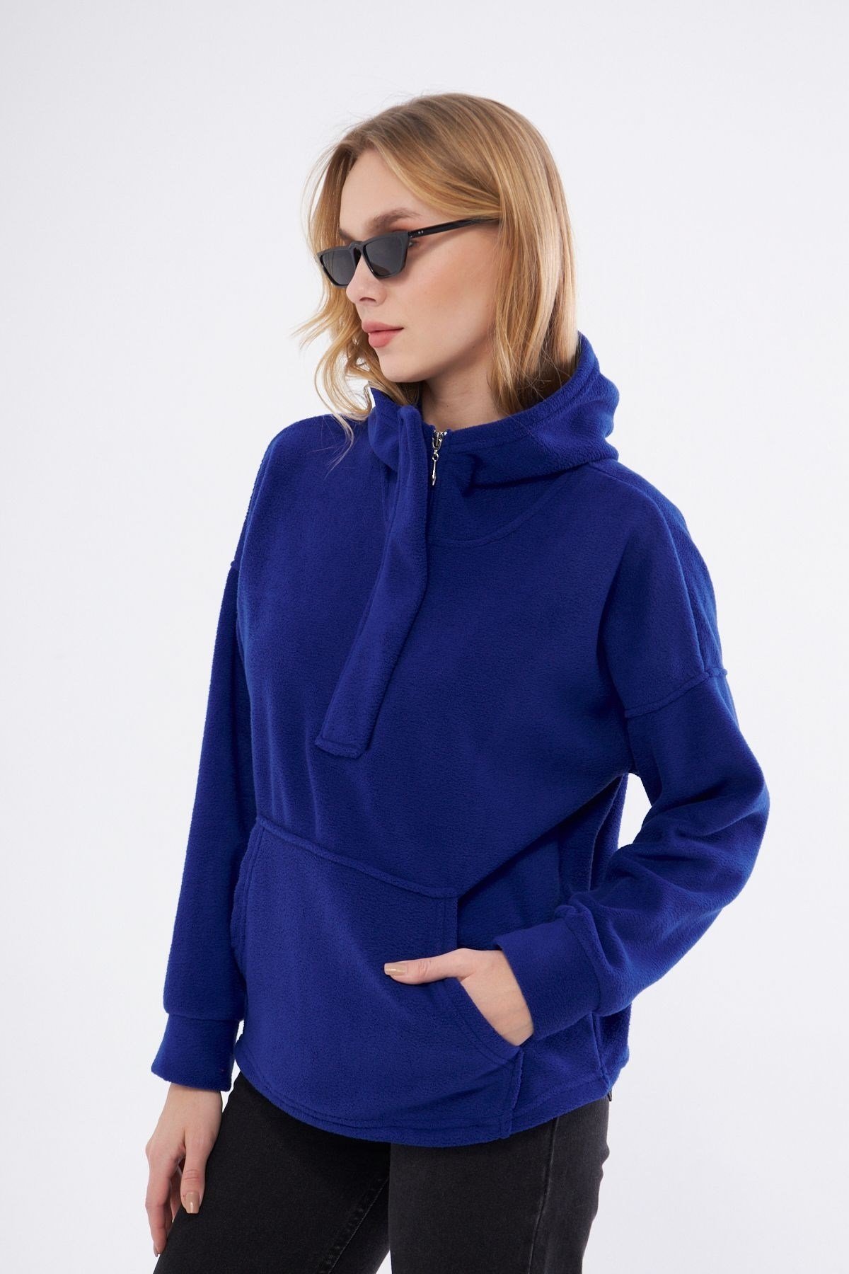 Kadin Yakasi Fermuarli Kapüşonlu Oversi?ze Polar Kumaş Sweatshirt 23587-sax