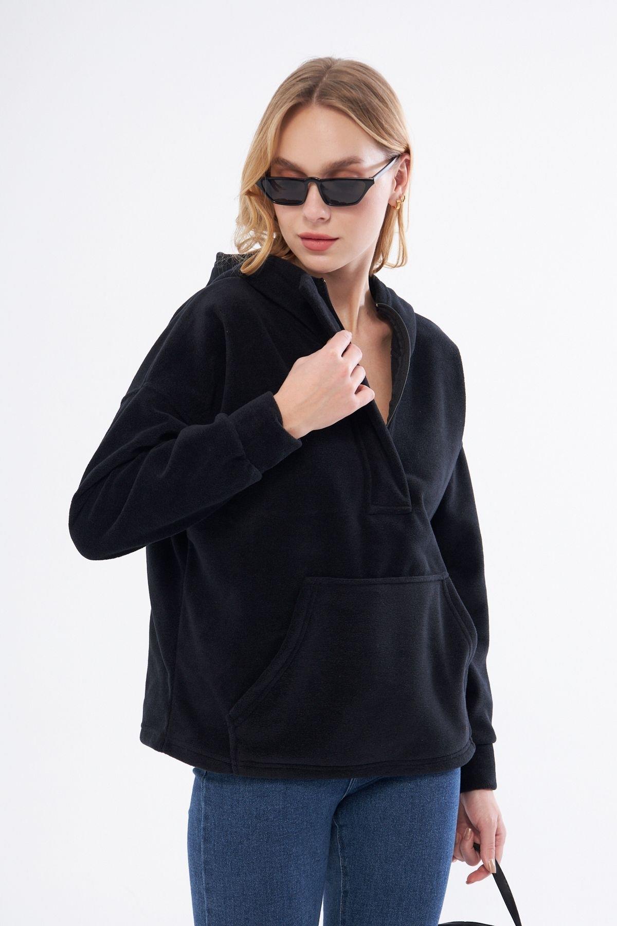 Kadin Yakasi Fermuarli Kapüşonlu Oversi?ze Polar Kumaş Sweatshirt 23587-si?yah