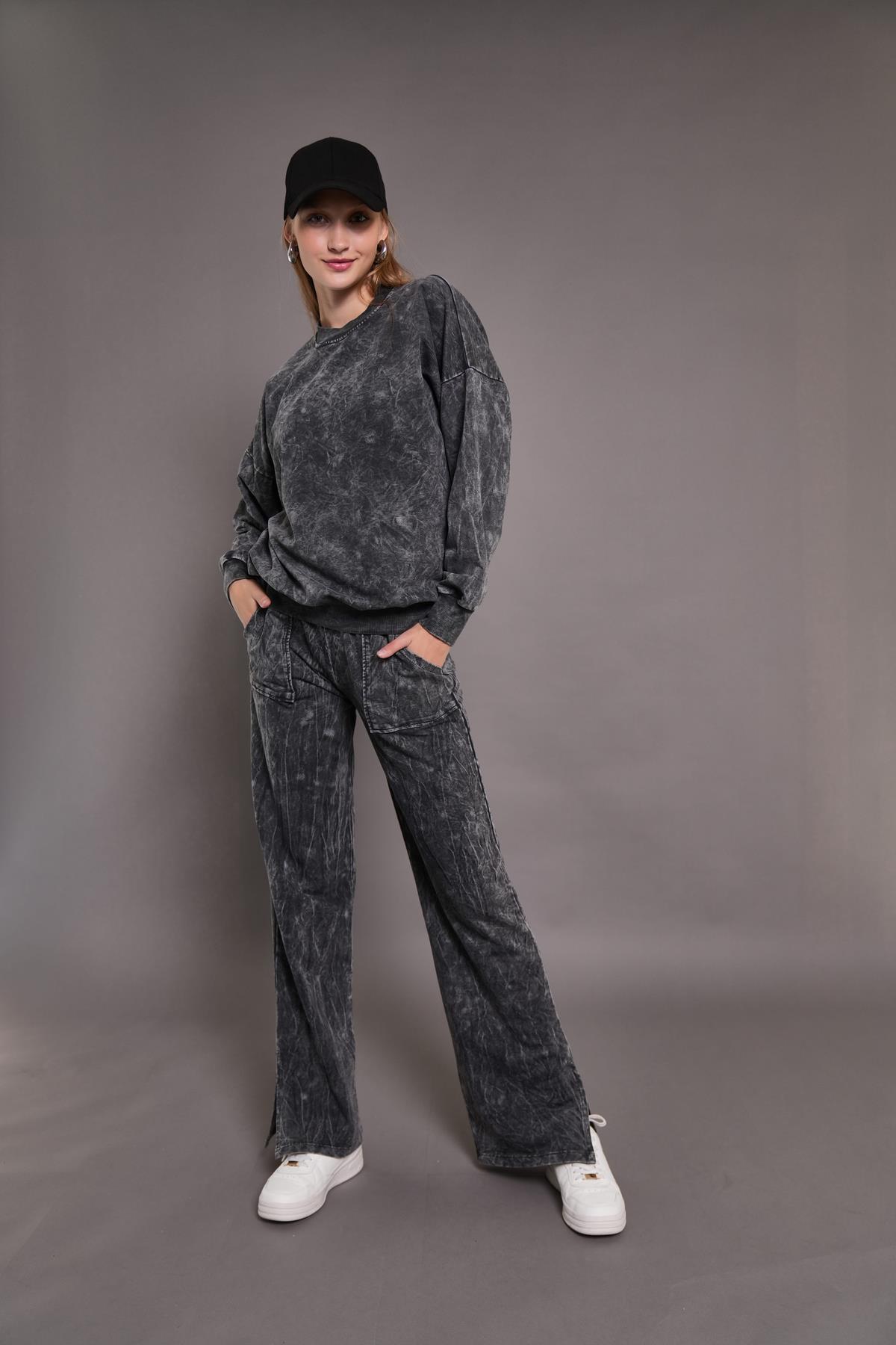 Kadın Yıkamalı Oversize Cepli 2 İplik Eşofman Takım SİYAH 24532