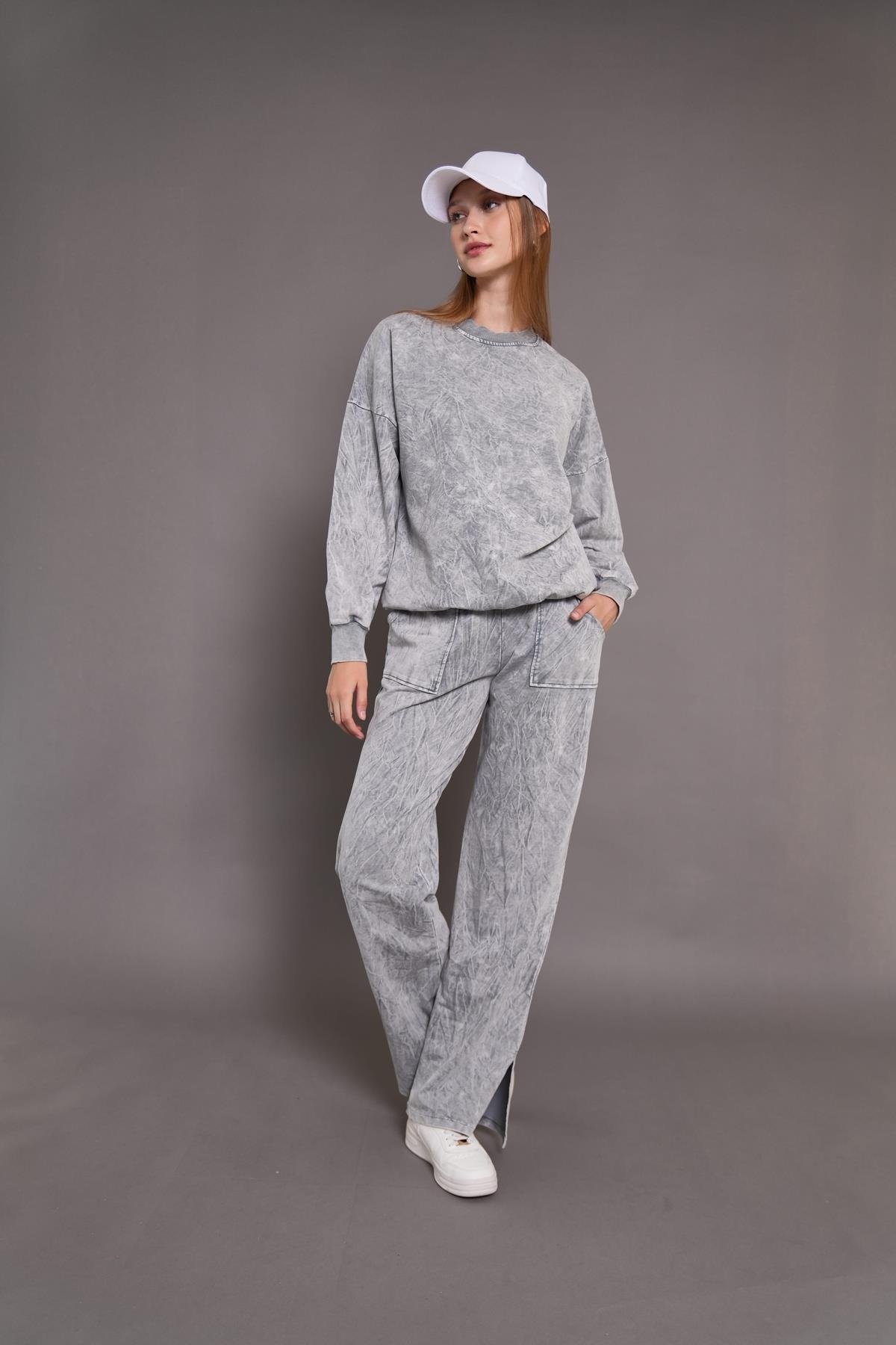 Kadın Yıkamalı Oversize Cepli 2 İplik Eşofman Takım GRİ 24532