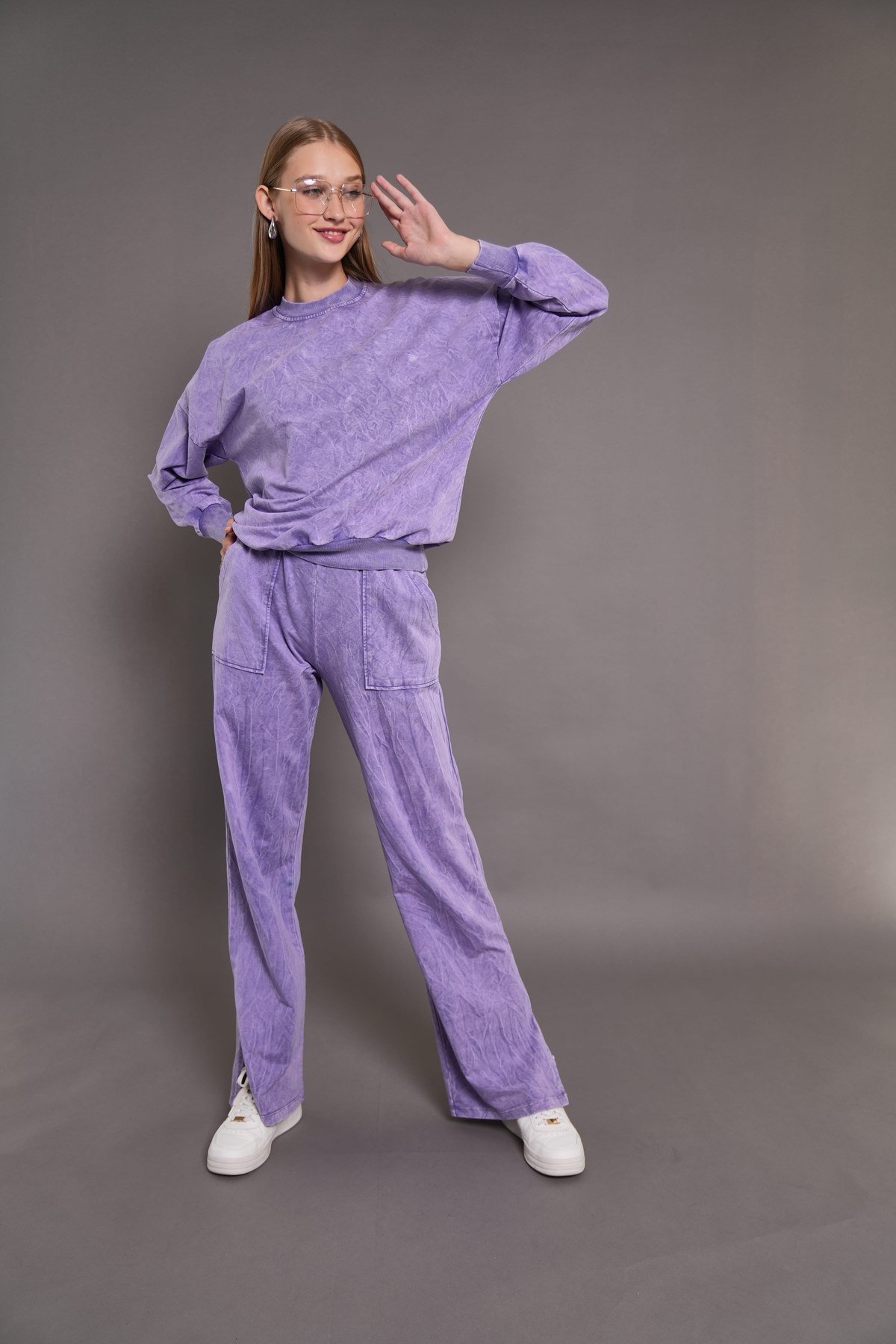 Kadın Yıkamalı Oversize Cepli 2 İplik Eşofman Takım LİLA 24532