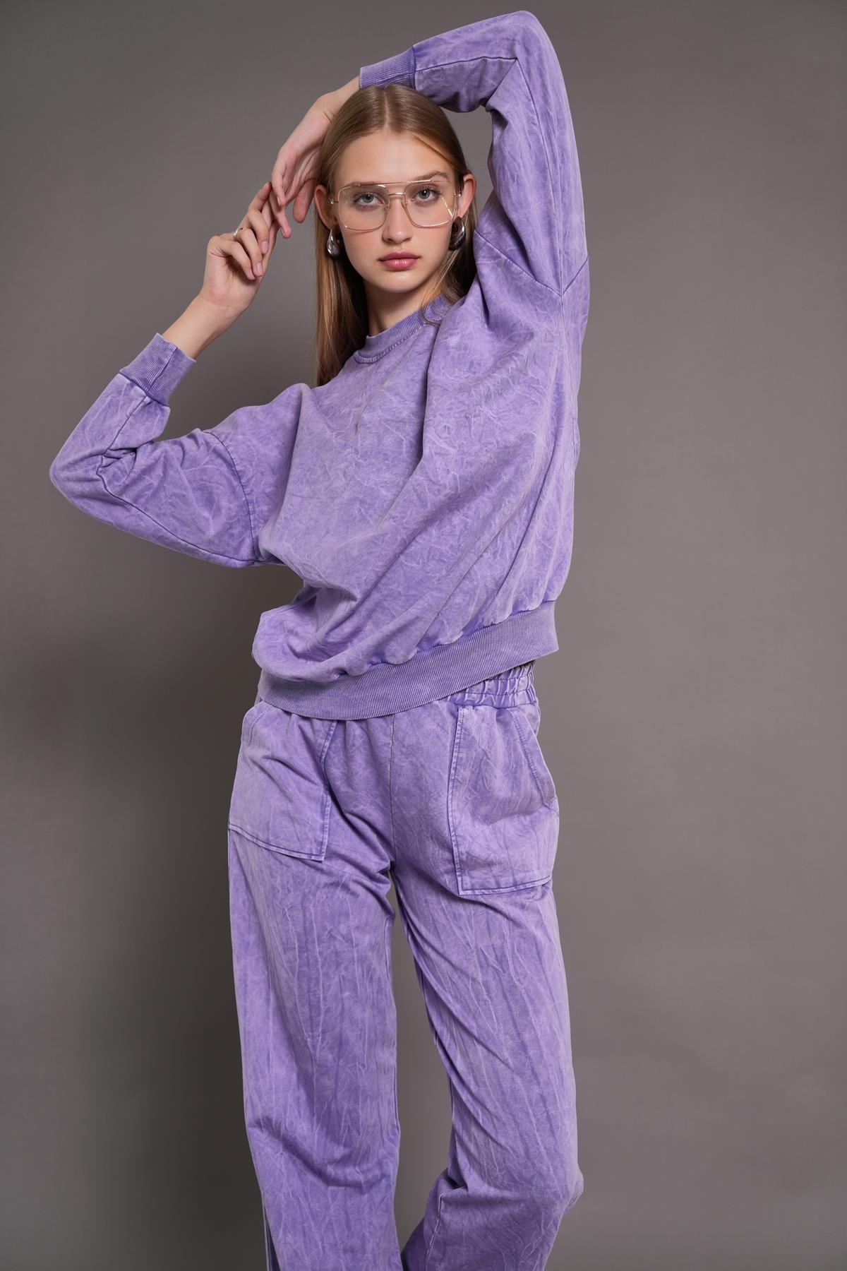 Kadın Yıkamalı Oversize Cepli 2 İplik Eşofman Takım LİLA 24532