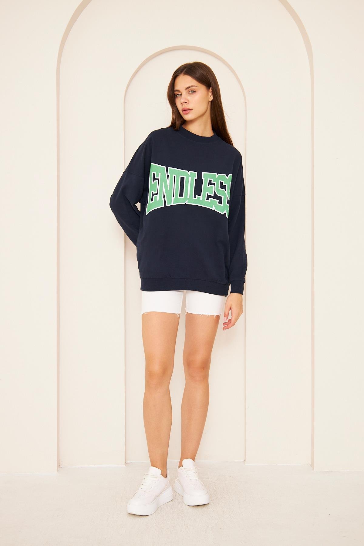 Oversize %100 Pamuklu Şardonlu Sweatshırt 22907b1 -lacivert