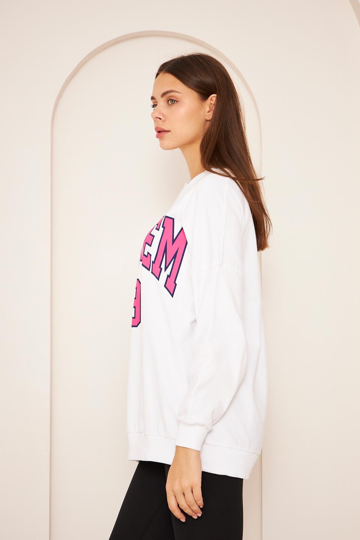 Oversize %100 Pamuklu Şardonlu Sweatshırt 22907b3 -beyaz