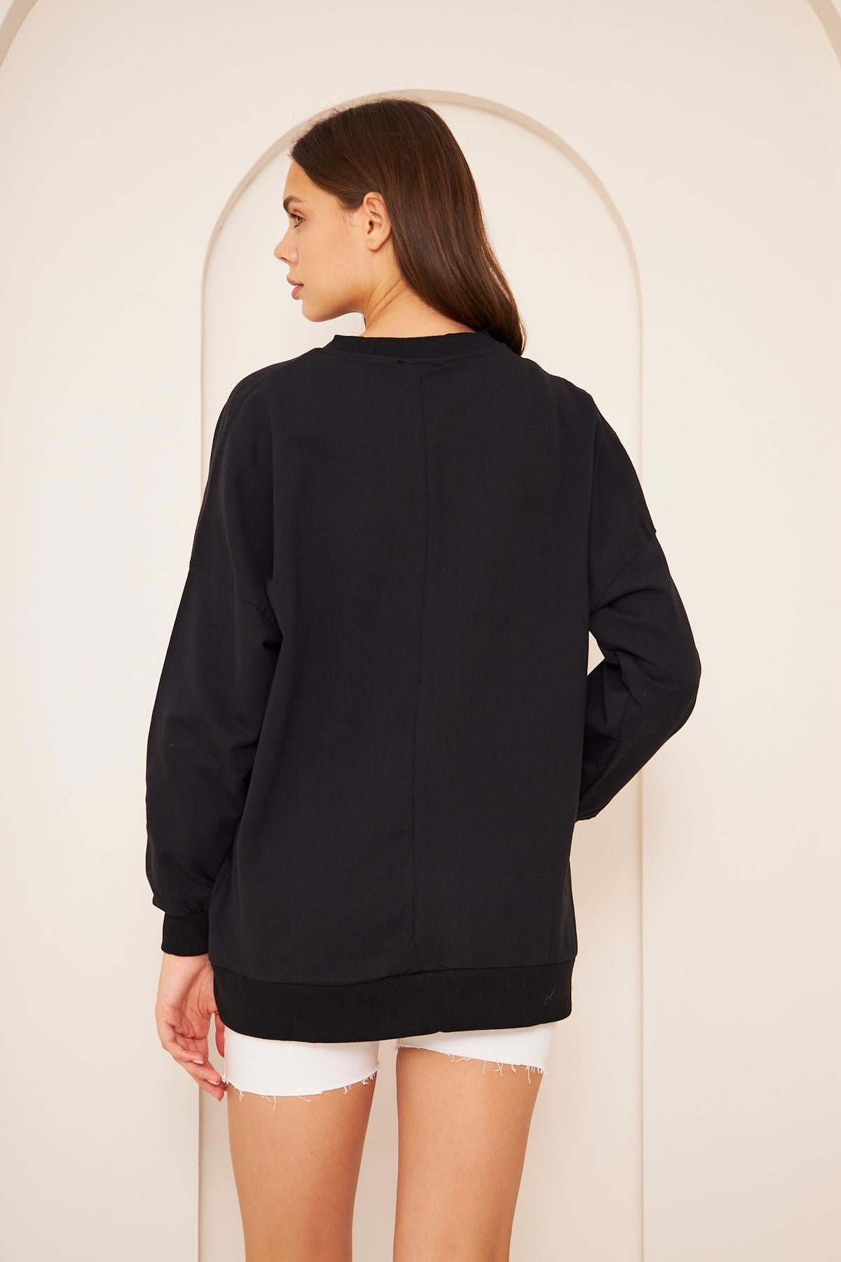 Oversize %100 Pamuklu Şardonlu Sweatshırt 22907b3 -siyah