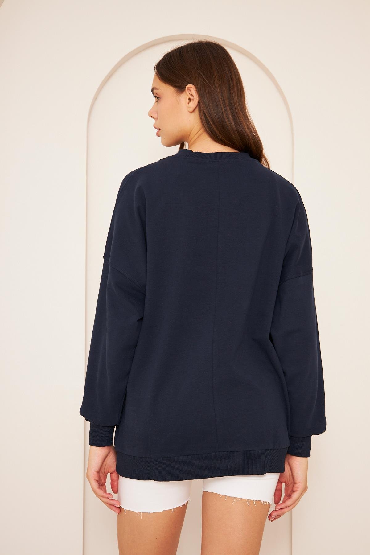 Oversize %100 Pamuklu Şardonlu Sweatshırt 22907b1 -lacivert