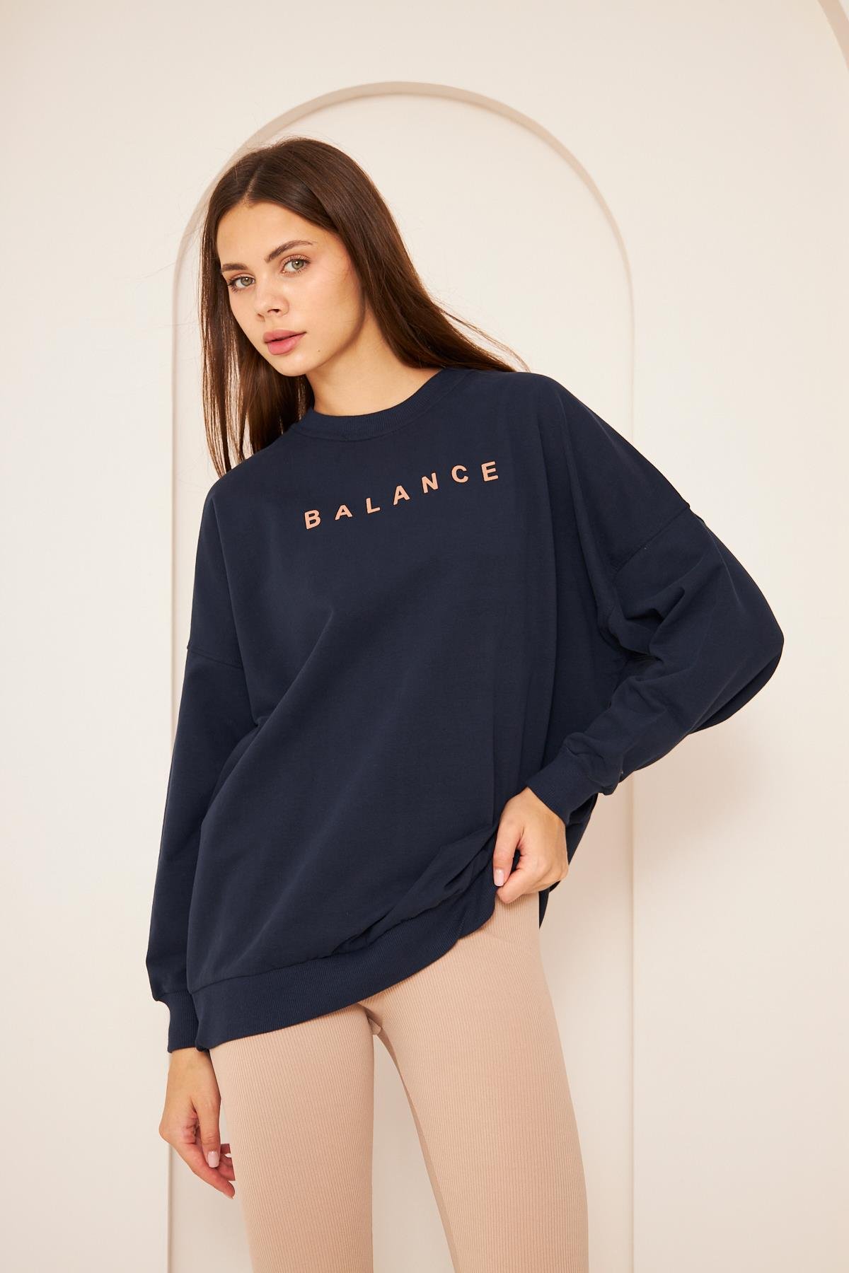 Oversize %100 Pamuklu Şardonlu Sweatshırt 22907b2 -lacivert