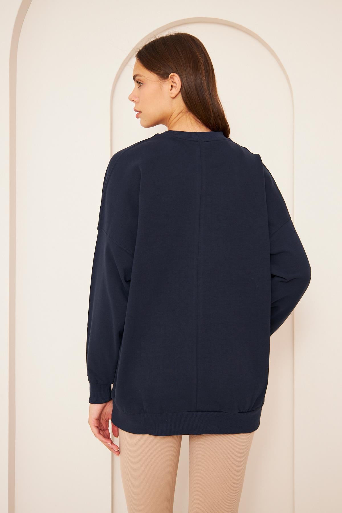 Oversize %100 Pamuklu Şardonlu Sweatshırt 22907b2 -lacivert