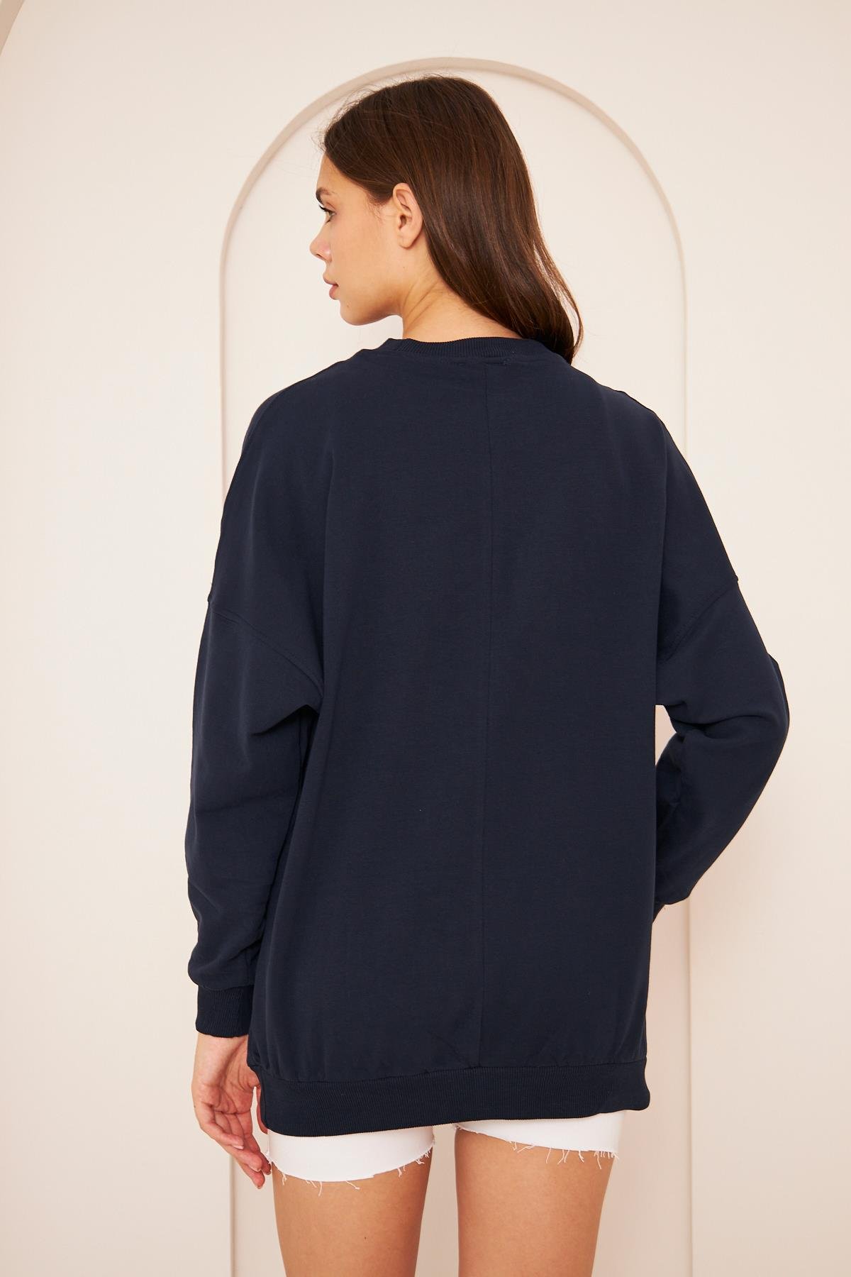 Oversize %100 Pamuklu Şardonlu Sweatshırt 22907b3 -lacivert