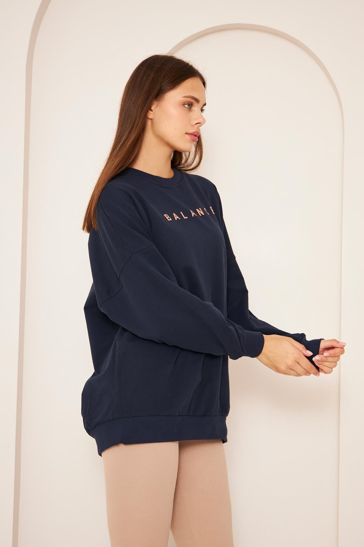 Oversize %100 Pamuklu Şardonlu Sweatshırt 22907b2 -lacivert
