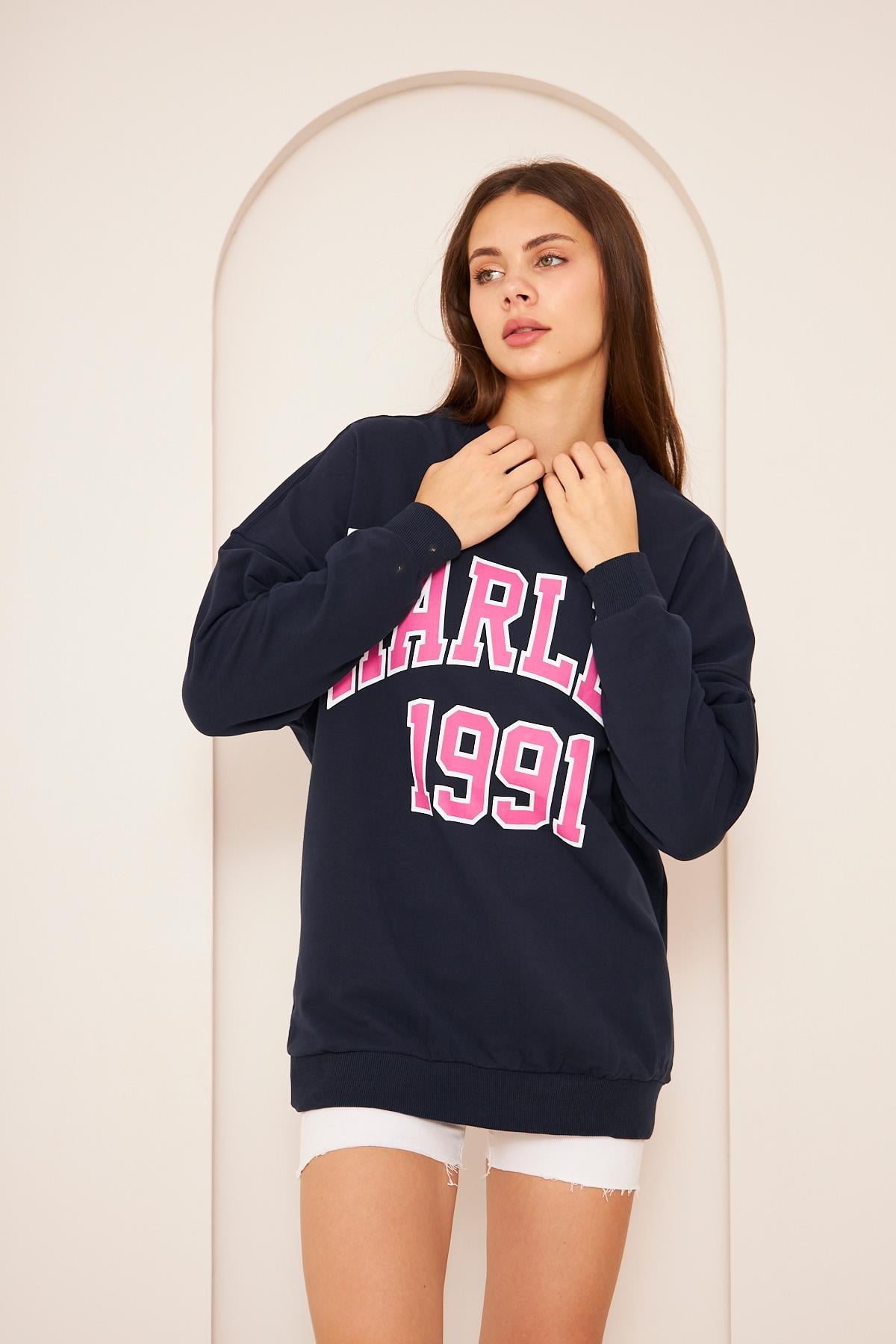 Oversize %100 Pamuklu Şardonlu Sweatshırt 22907b3 -lacivert