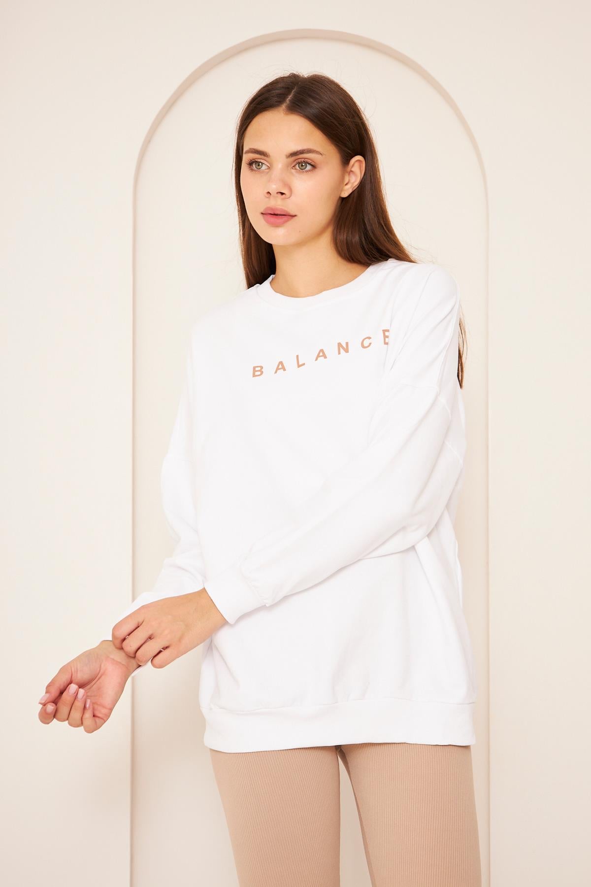 Oversize %100 Pamuklu Şardonlu Sweatshırt 22907b2 -beyaz
