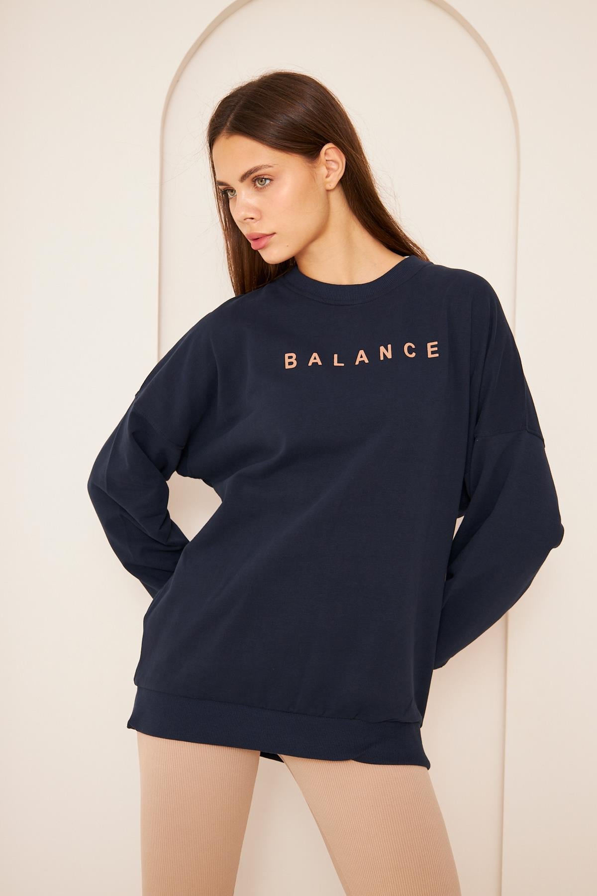 Oversize %100 Pamuklu Şardonlu Sweatshırt 22907b2 -lacivert