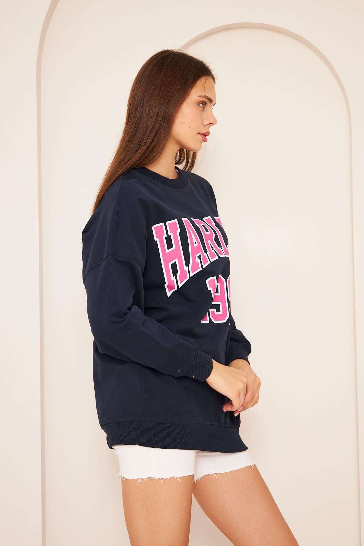 Oversize %100 Pamuklu Şardonlu Sweatshırt 22907b3 -lacivert