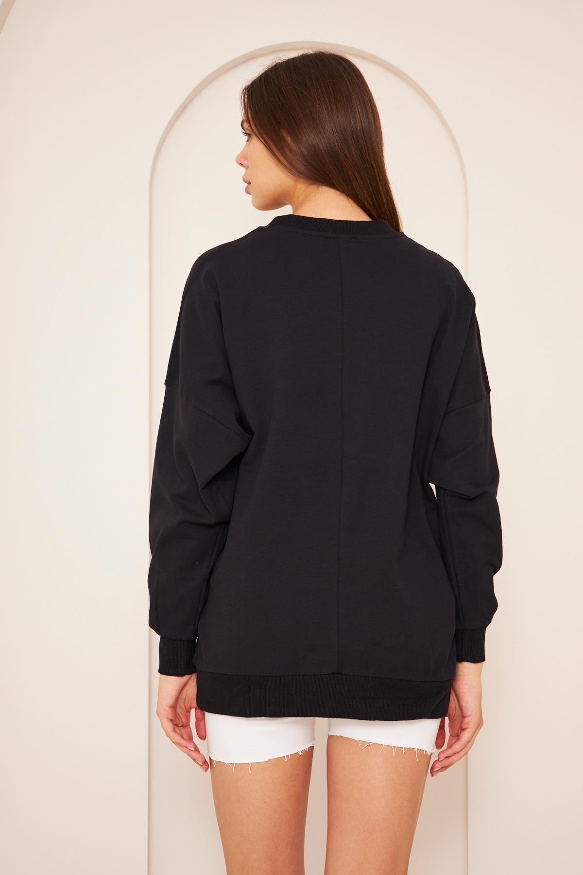 Oversize %100 Pamuklu Şardonlu Sweatshırt 22907b1 -siyah