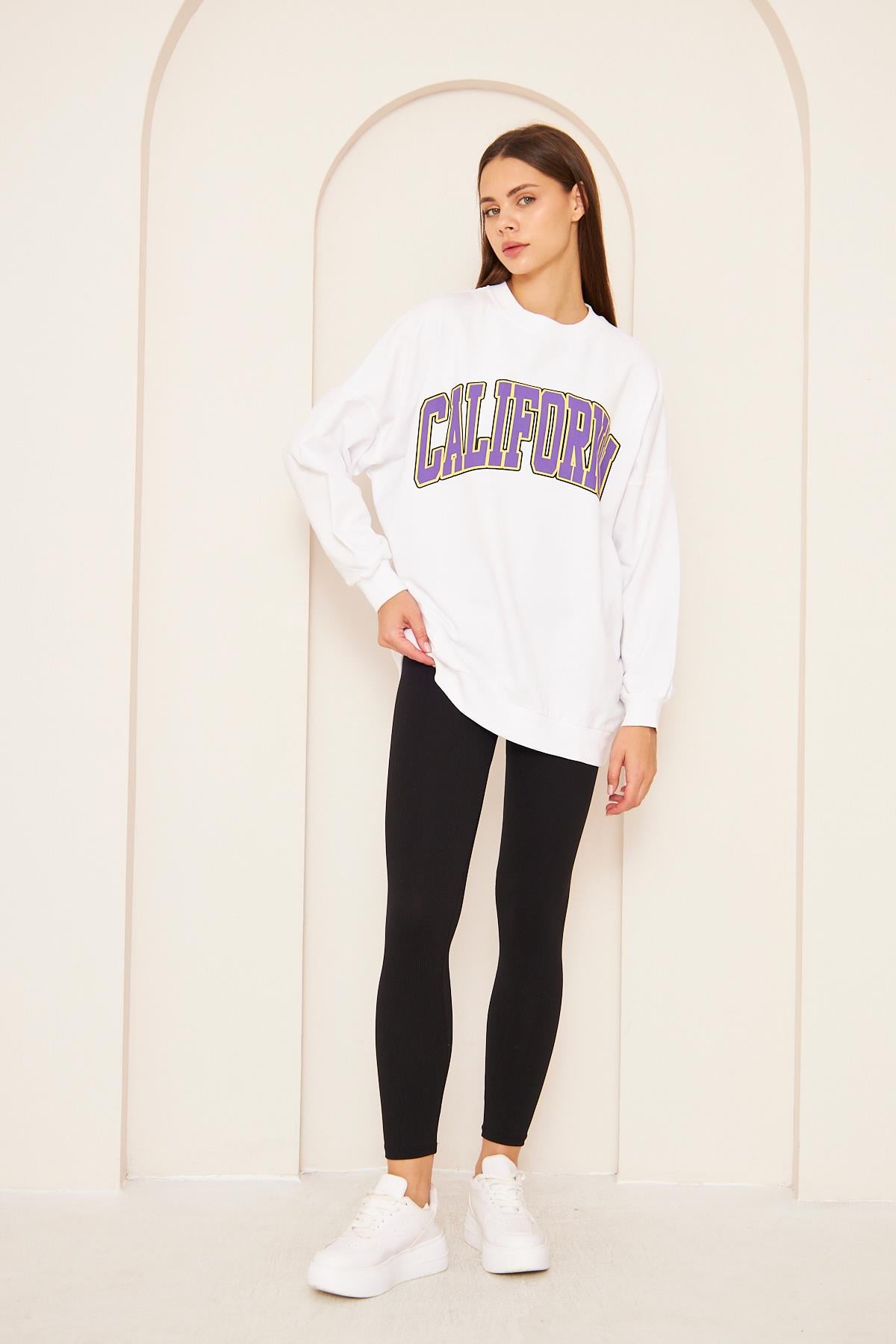 Oversize %100 Pamuklu Şardonlu Sweatshırt 22907b4 -beyaz