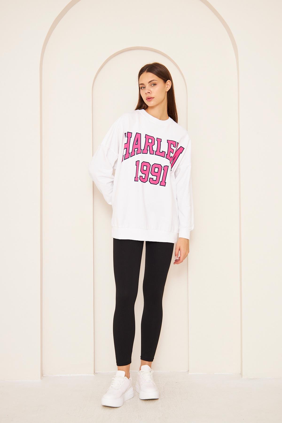 Oversize %100 Pamuklu Şardonlu Sweatshırt 22907b3 -beyaz