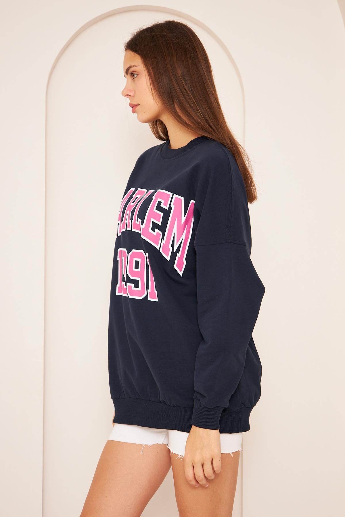 Oversize %100 Pamuklu Şardonlu Sweatshırt 22907b3 -lacivert