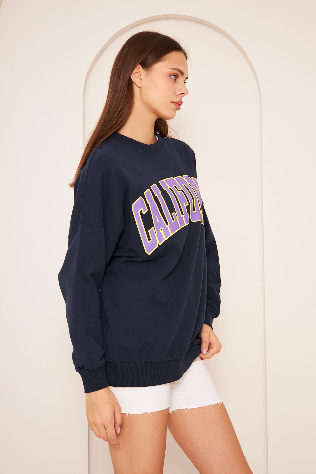 Oversize %100 Pamuklu Şardonlu Sweatshırt 22907b4 -lacivert