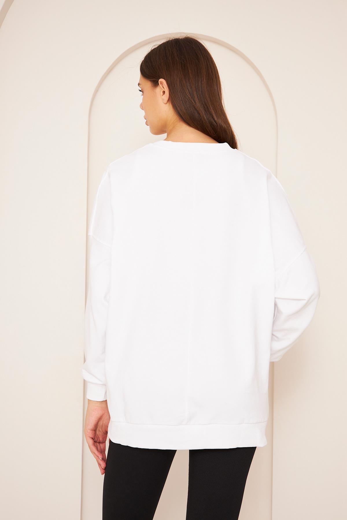 Oversize %100 Pamuklu Şardonlu Sweatshırt 22907b3 -beyaz