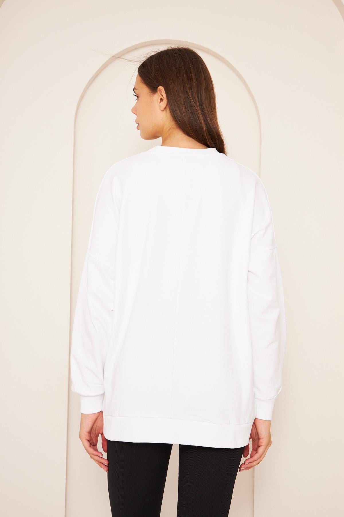 Oversize %100 Pamuklu Şardonlu Sweatshırt 22907b1 -beyaz