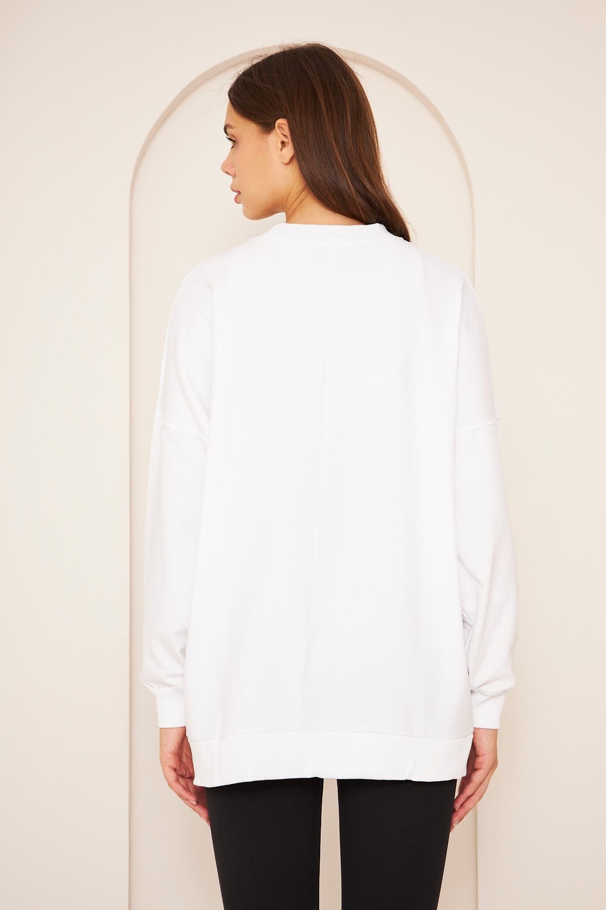 Oversize %100 Pamuklu Şardonlu Sweatshırt 22907b4 -beyaz
