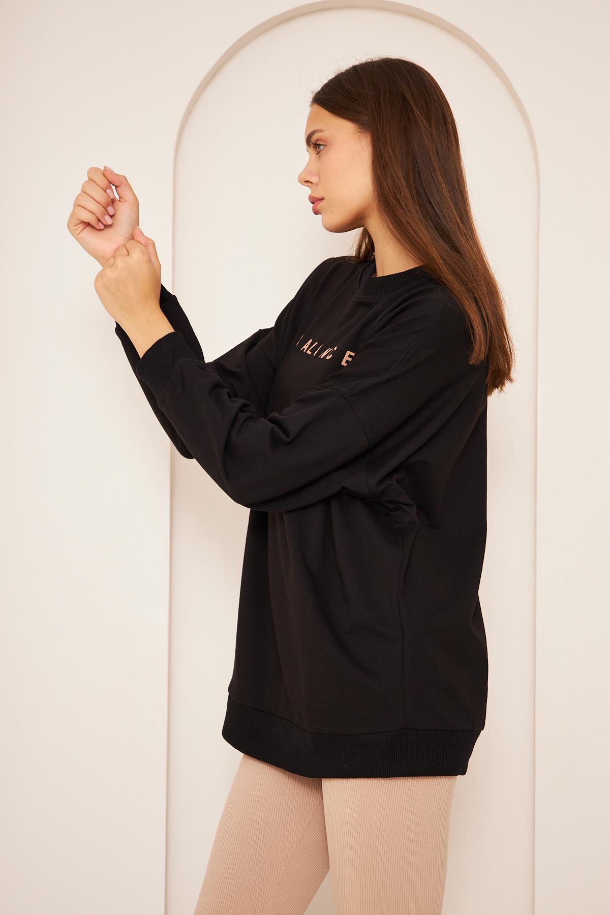Oversize %100 Pamuklu Şardonlu Sweatshırt 22907b2 -siyah