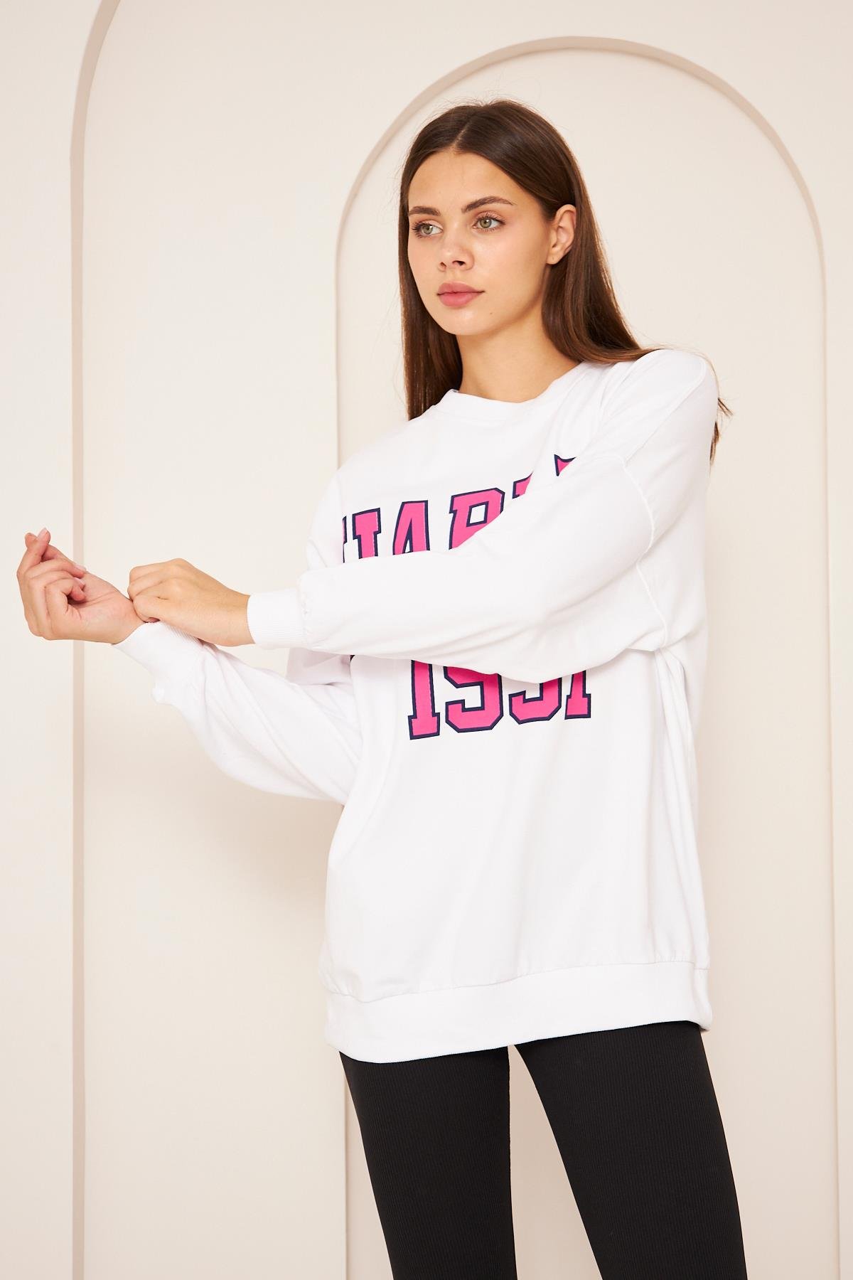 Oversize %100 Pamuklu Şardonlu Sweatshırt 22907b3 -beyaz