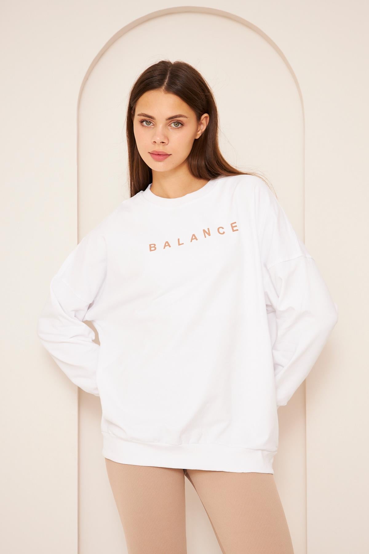 Oversize %100 Pamuklu Şardonlu Sweatshırt 22907b2 -beyaz