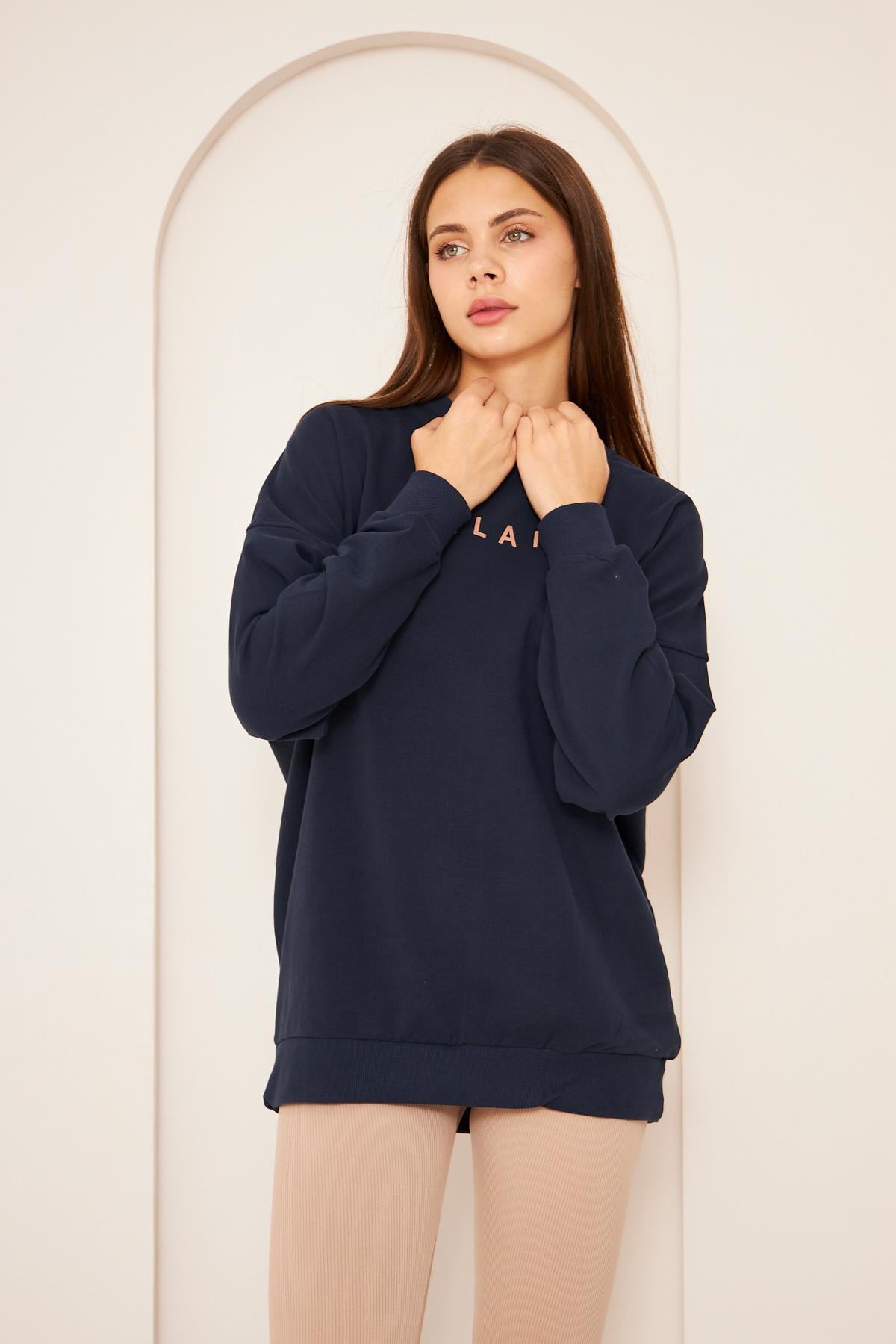 Oversize %100 Pamuklu Şardonlu Sweatshırt 22907b2 -lacivert