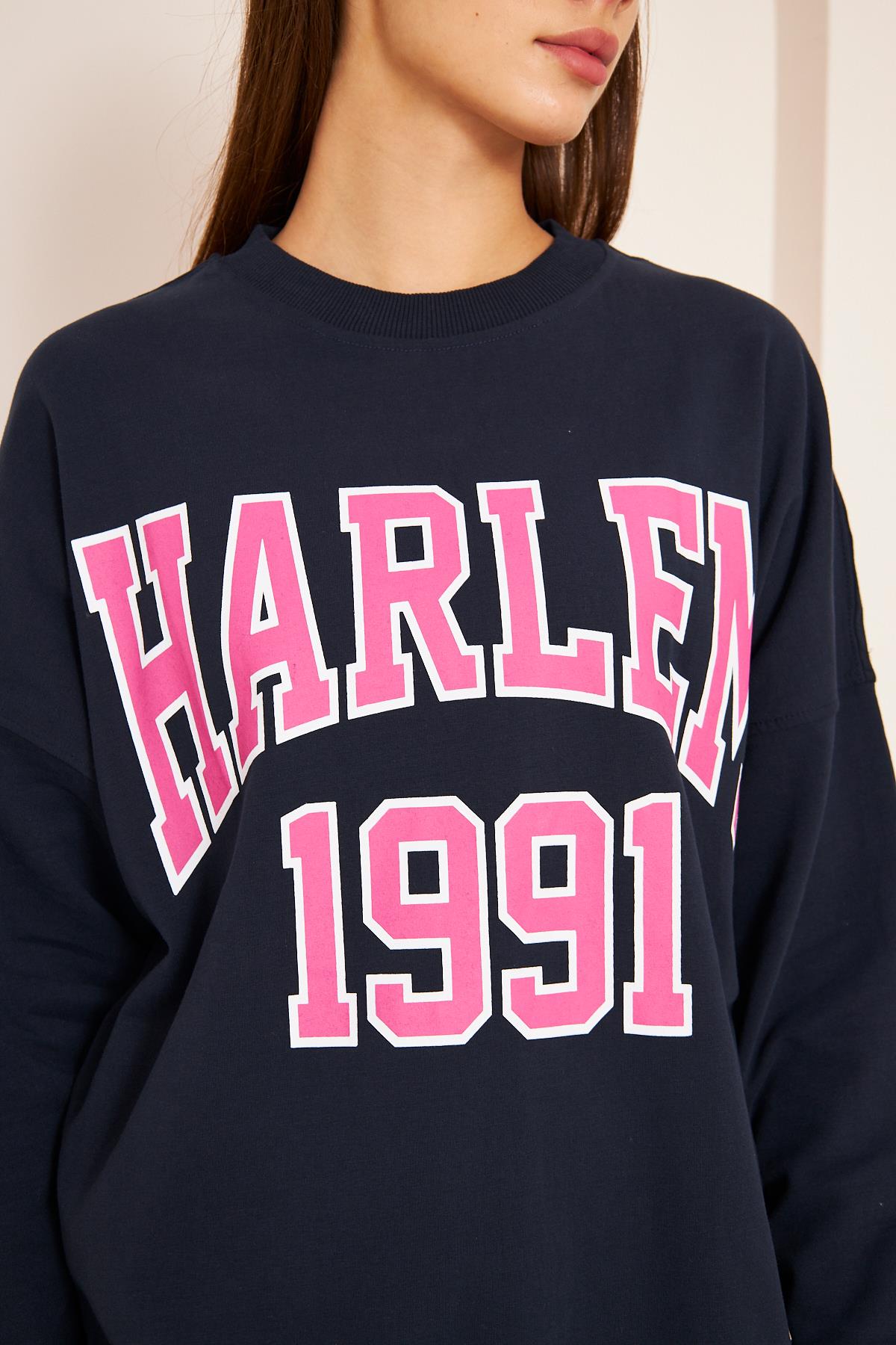 Oversize %100 Pamuklu Şardonlu Sweatshırt 22907b3 -lacivert