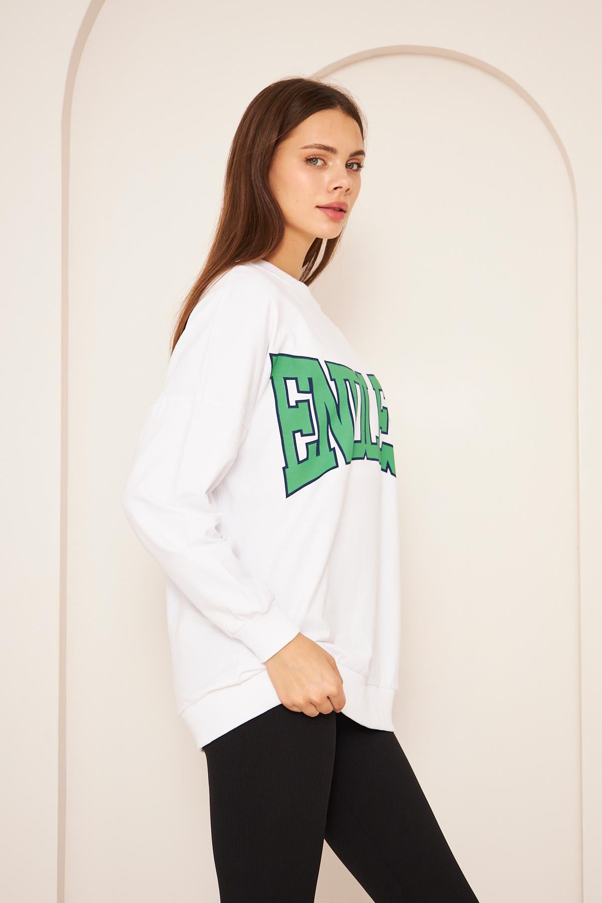 Oversize %100 Pamuklu Şardonlu Sweatshırt 22907b1 -beyaz