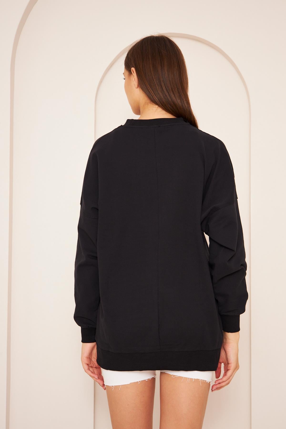 Oversize %100 Pamuklu Şardonlu Sweatshırt 22907b4 -siyah