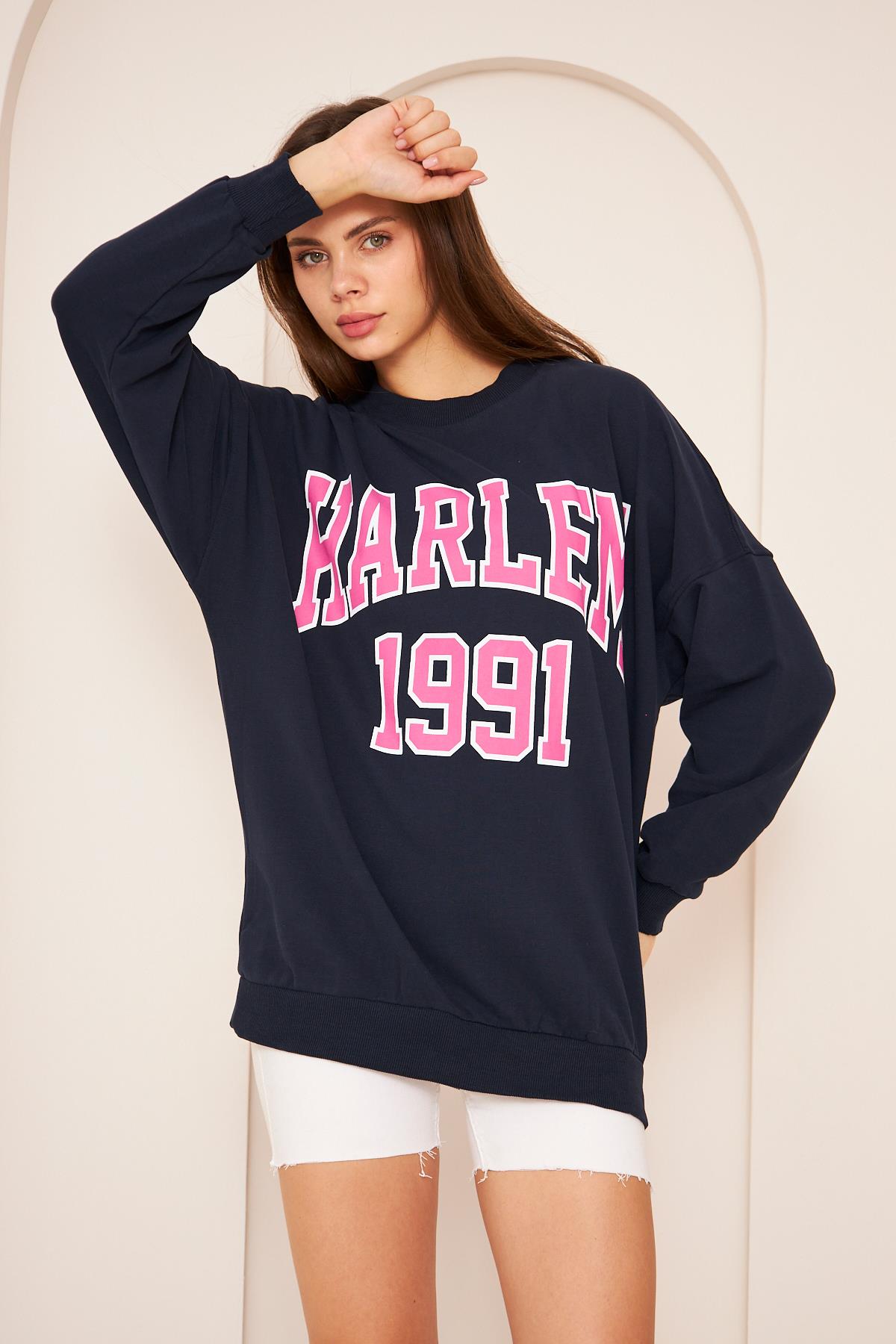 Oversize %100 Pamuklu Şardonlu Sweatshırt 22907b3 -lacivert