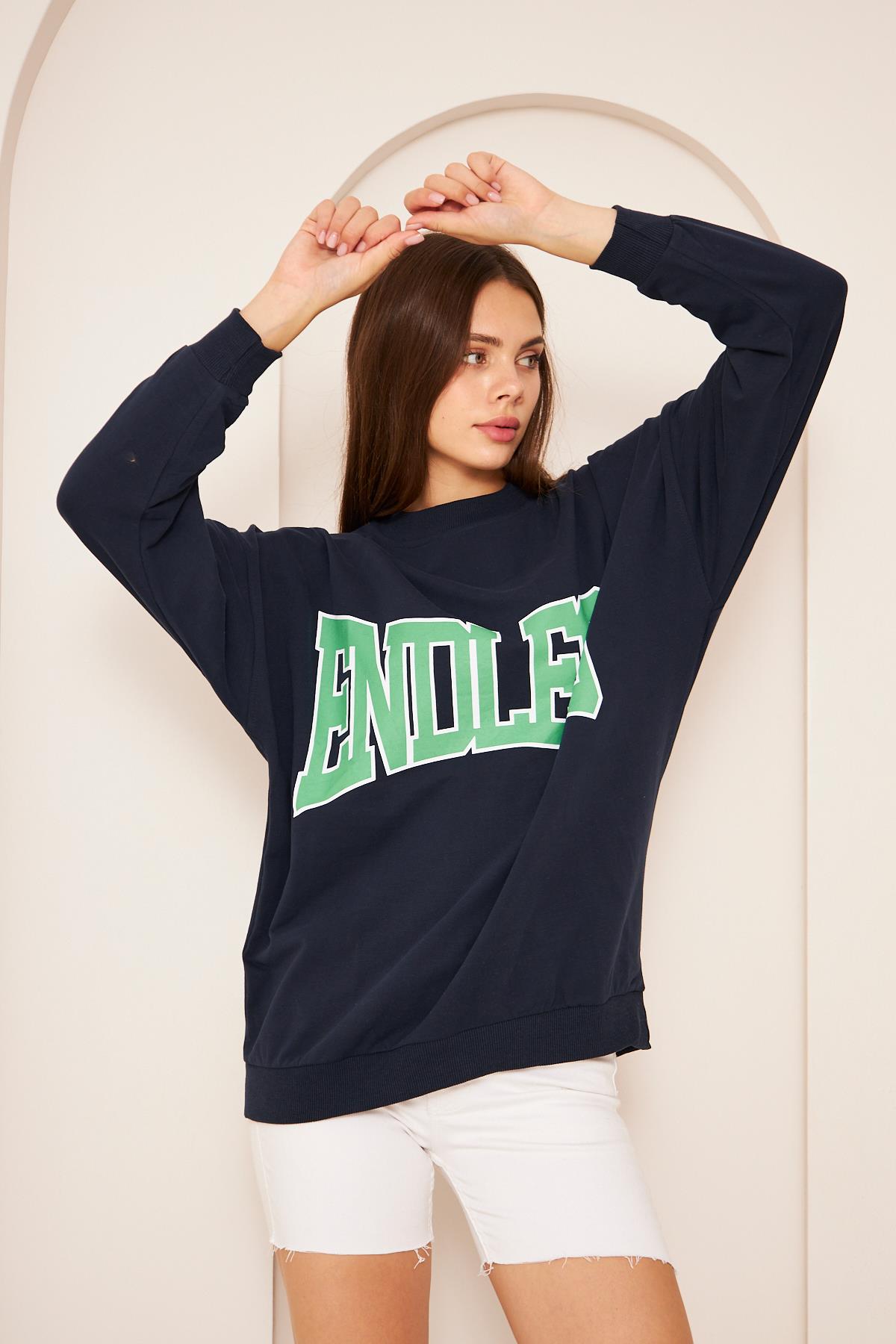 Oversize %100 Pamuklu Şardonlu Sweatshırt 22907b1 -lacivert
