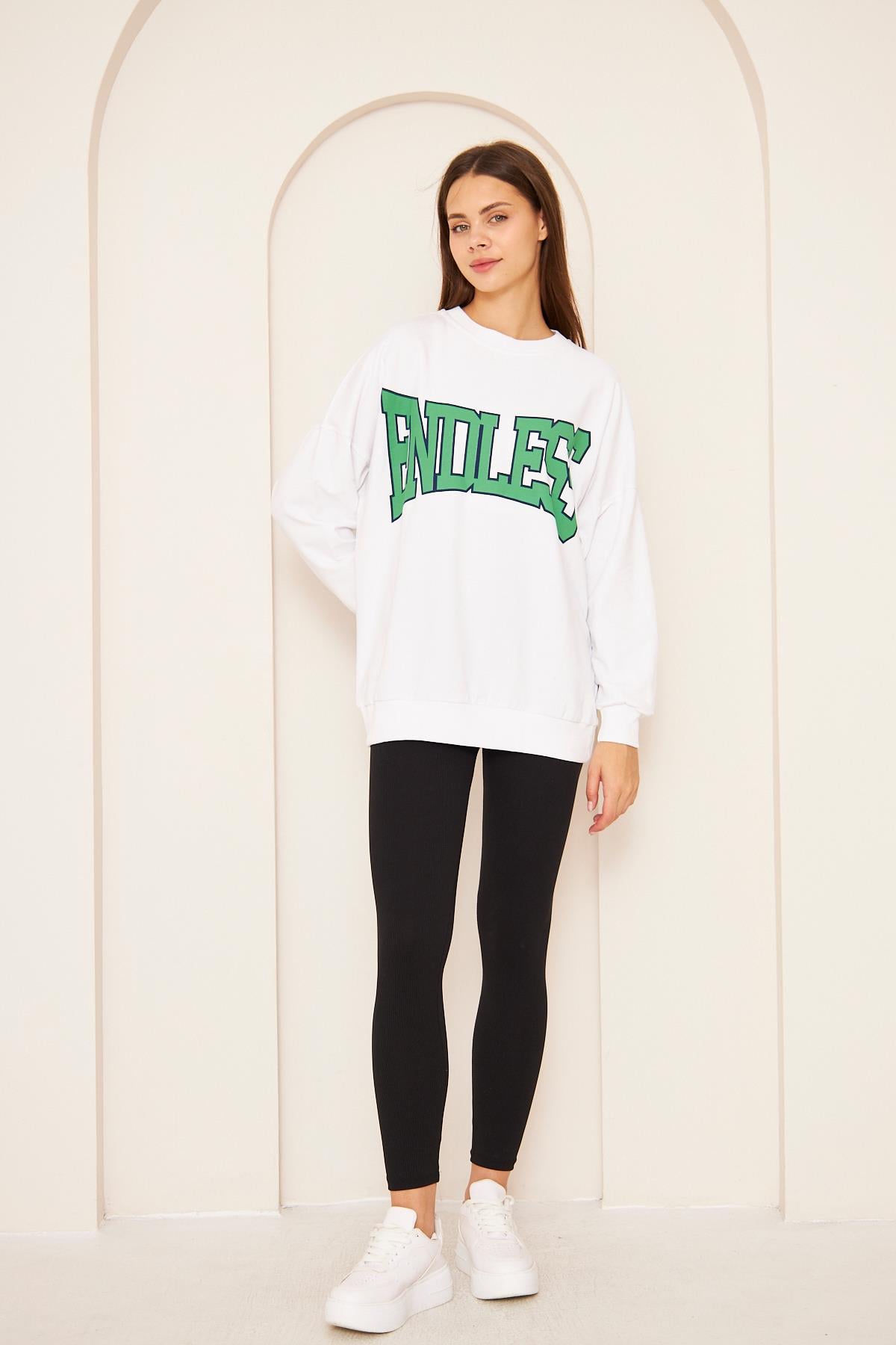 Oversize %100 Pamuklu Şardonlu Sweatshırt 22907b1 -beyaz