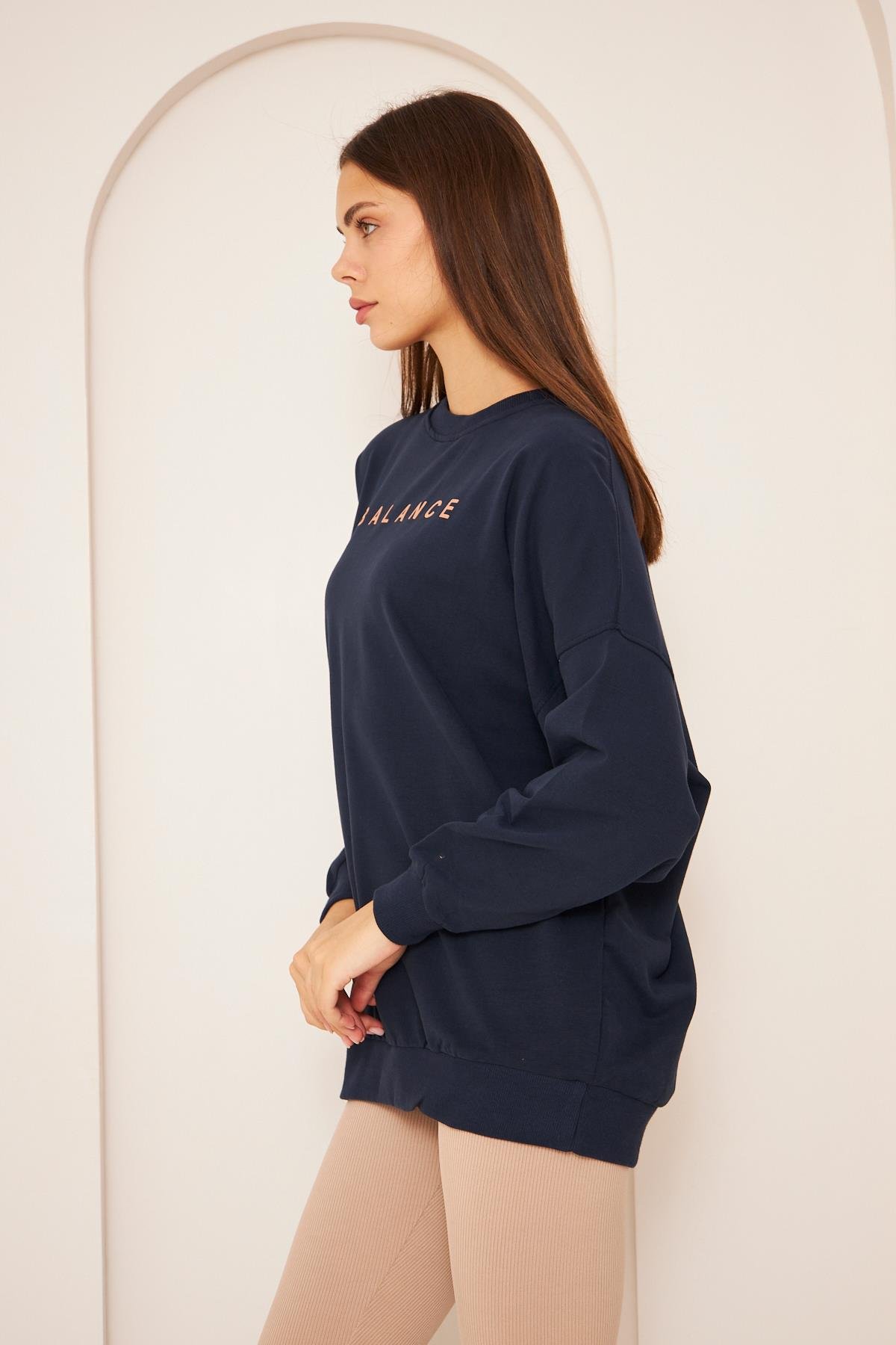 Oversize %100 Pamuklu Şardonlu Sweatshırt 22907b2 -lacivert