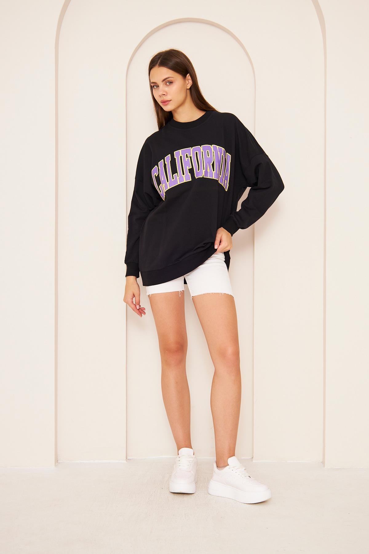 Oversize %100 Pamuklu Şardonlu Sweatshırt 22907b4 -siyah