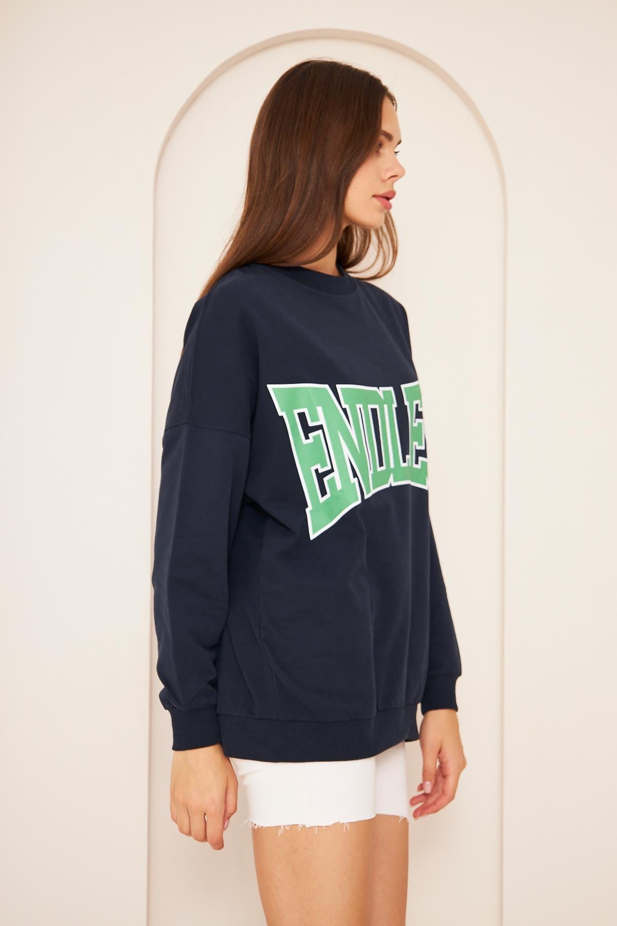 Oversize %100 Pamuklu Şardonlu Sweatshırt 22907b1 -lacivert