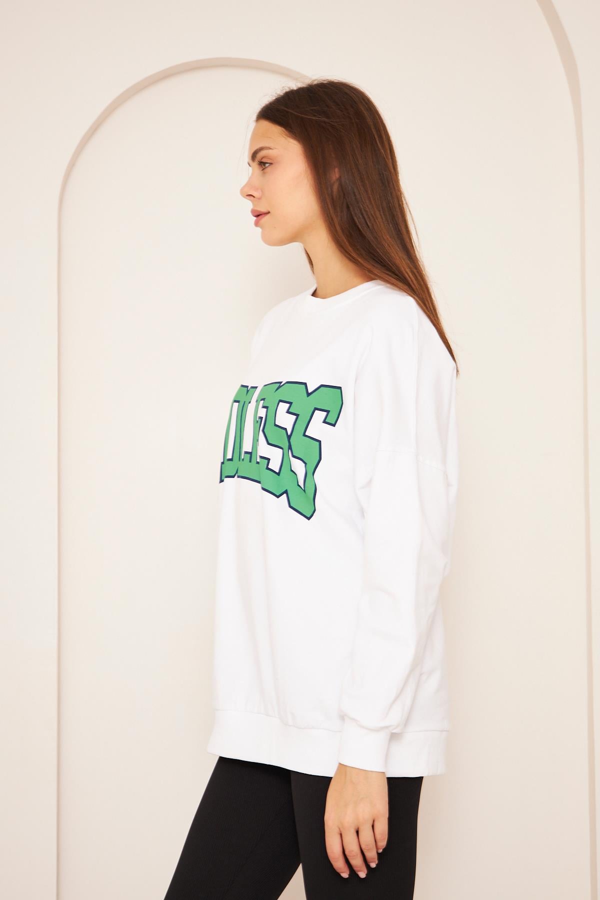 Oversize %100 Pamuklu Şardonlu Sweatshırt 22907b1 -beyaz